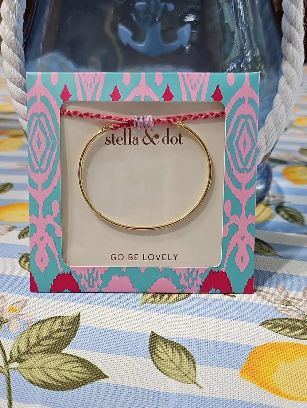 Stella & Dot Gold Bangle with Pink Braided Cord Fete Bracelet